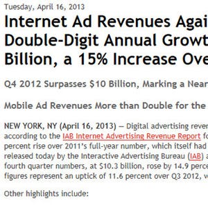 2012年の米ネット広告は15%増の366億ドル、モバイルと動画広告が大きく成長