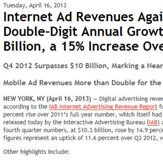 2012年の米ネット広告は15%増の366億ドル、モバイルと動画広告が大きく成長