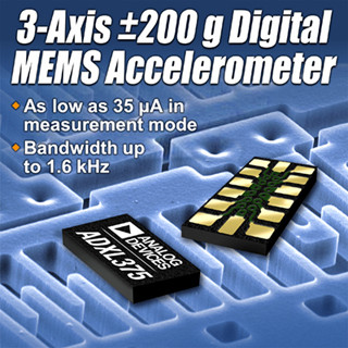 ADI、フルスケール±200gで連続測定可能な3軸200gMEMS加速度センサを発表