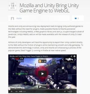 MozillaとUnity、WebGLに対応したUnityゲームエンジンのアドオンを提供へ
