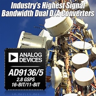 ADI、Eバンド周波数対応の2.8GSPS デュアル16ビットDACを発表