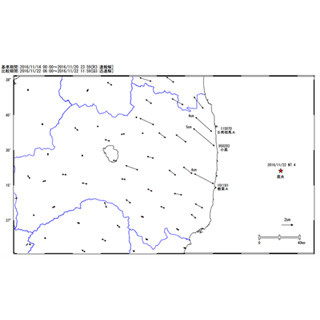 福島県沿岸部が北西に5センチ動く 22日の地震