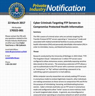 FTPサーバのAnonymousアカウントでヘルスケアデータ流出　- FBIが警告