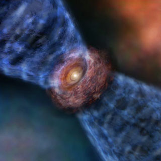 オリオン大星雲中に潜む巨大原始星から吹き出すガスが回転 - アルマ望遠鏡