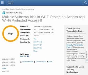 Cisco、WPA/WPA2の脆弱性を抱える製品に関するサポートページを公開