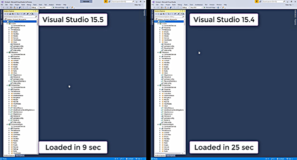 ソリューションファイルの読み込みをVisual Studio 2017 バージョン15.5と同15.4で比較した動画。同15.4では25秒かかっていた処理が、同15.5は9秒で完了する(画像はすべて公式動画より抜粋)