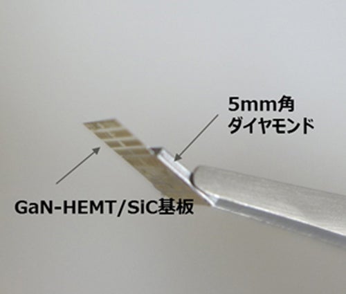 今回開発された技術により接合したGaN-HEMTのSiC基板とダイヤモンド