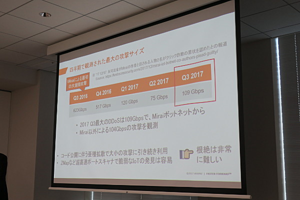 脆弱なIoTデバイスの発見は容易なため、2018年もMiraiまたはその亜種による攻撃は続くだろうとのこと