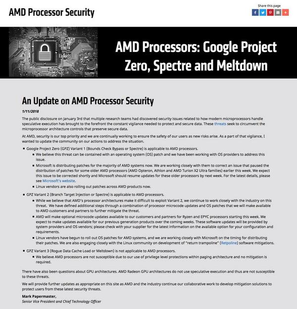 AMD発表 - AMD Processors: Google Project Zero、Spectre and Meltdown