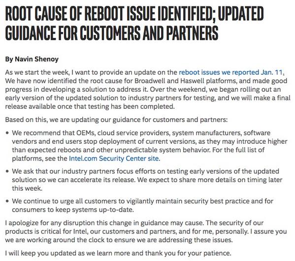 Root Cause of Reboot Issue Identified; Updated Guidance for Customers and Partners｜Intel