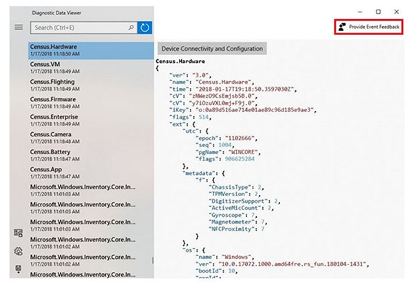 Windows Diagnostic Data Viewer画面(同社<a href="https://blogs.windows.com/japan/2018/01/26/microsoft-introduces-new-privacy-tools-ahead-of-data-privacy-day/" target="_blank">公式ブログ</a>より)