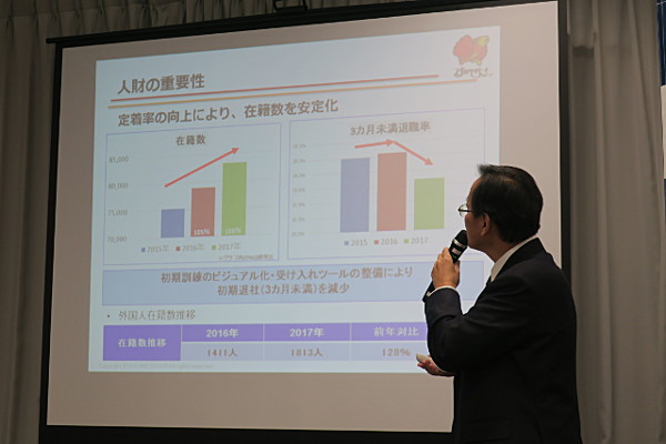 年間15万人を超える応募者、5万人を超える採用をおこなう同社。採用から3カ月未満での退職率を低減させ定着率を高く保つことによってサービスクオリティの向上を図りたい考えだ。動画等のリッチなコンテンツを盛り込んだマニュアルをはじめとする様々なトレーニングツールの拡充することで、経験が浅いスタッフの「わからない」「覚えられない」解消を狙う