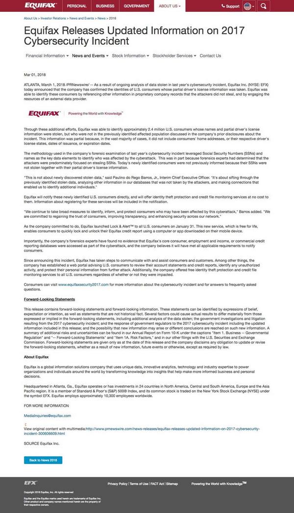 Equifax Releases Updated Information on 2017 Cybersecurity Incident