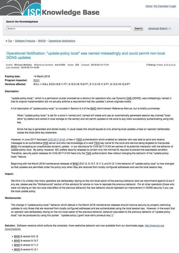 Operational Notification: ”update-policy local” was named misleadingly and could permit non-local DDNS updates - ISC Knowledge Base