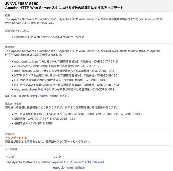 JVNVU#95818180 - Apache HTTP Web Server 2.4 における複数の脆弱性に対するアップデート