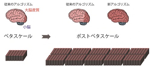 従来と新アルゴリズムによるシミュレーション可能な脳の規模とスパコンの規模(出所:理研Webサイト)