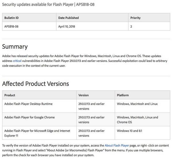 Security updates available for Flash Player｜APSB18-08