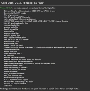 FFmpeg 4.0公開、Windows XPサポート終了