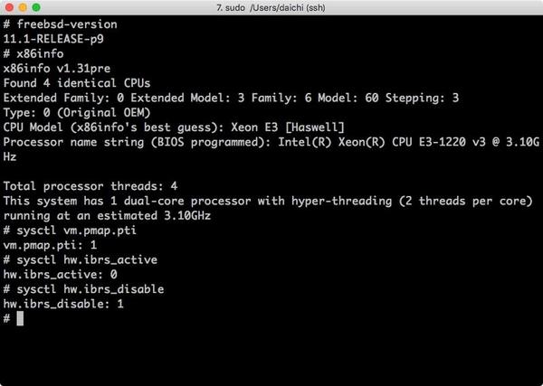 Meltdown/Spectre対策機能が取り込まれたバージョンでの操作例