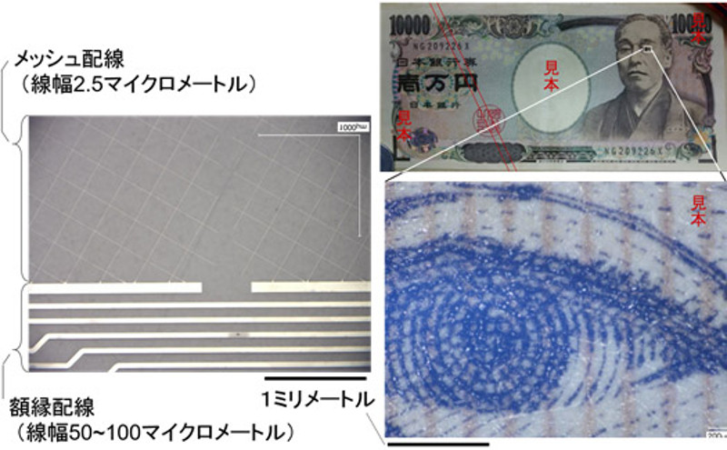 スーパーナップ法により作製した銀配線の拡大写真(左)、と紙幣に印刷された高精細画の拡大写真(右)
