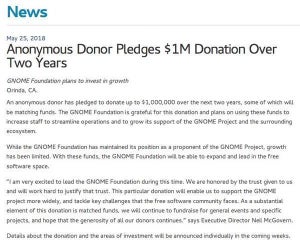 GNOMEに匿名者から100万米ドルの巨額寄贈