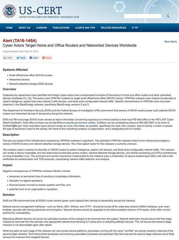 Alert (TA18-145A) - Cyber Actors Target Home and Office Routers and Networked Devices Worldwide - United States Computer Emergency Readiness Team