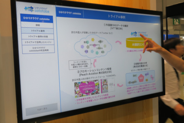 言語による壁を打破するべく、AIを活用した翻訳エンジンの開発は様々な企業で取り組まれている。NTT東日本の「ひかりクラウド cototoba（コトトバ）」は文化観光分野に特化しているのが特徴的で、英語、繁体字・簡体字、韓国語、フランス語、スペイン語のテキスト翻訳に対応している