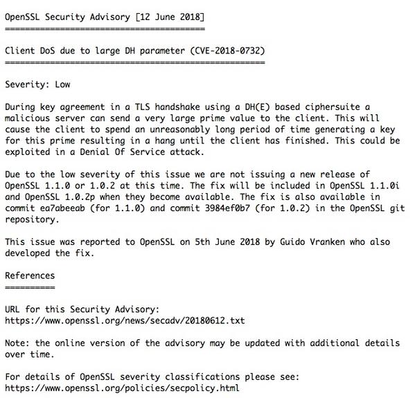 OpenSSL Security Advisory [12 June 2018] - Client DoS due to large DH parameter (CVE-2018-0732)