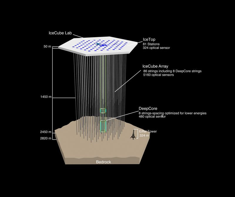 IceCubeの地下構造。南極の氷を高圧熱水で融かして掘った縦坑の深い位置に観測モジュールを送り込む(出所：ウィスコンシン大学マディソン校)