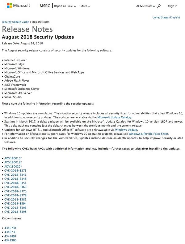 Microsoft｜August 2018 Security Updates｜Release Notes