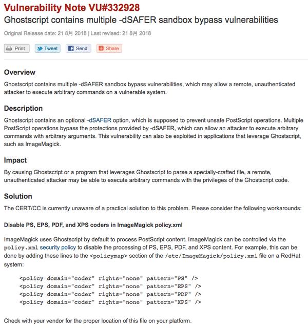 Vulnerability Note VU#332928 - Ghostscript contains multiple -dSAFER sandbox bypass vulnerabilities