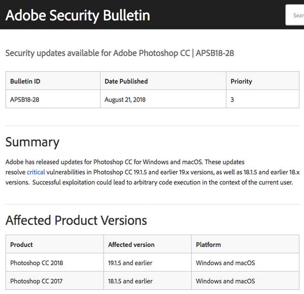 Adobe Security Bulletin｜Security updates available for Adobe Photoshop CC｜APSB18-28