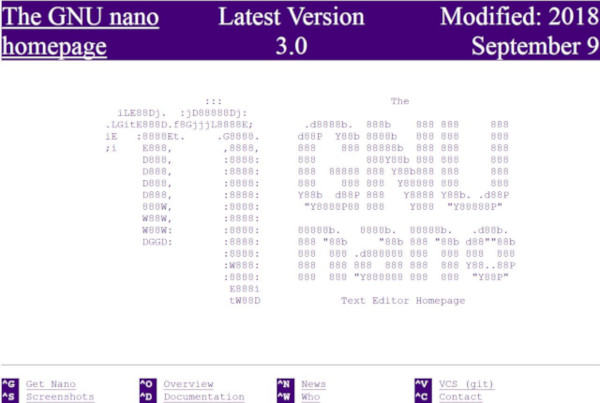 <a href="https://nano-editor.org/" target="_blank">The GNU nano homepage</a>