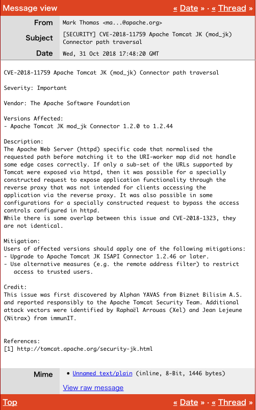 [SECURITY] CVE-2018-11759 Apache Tomcat JK (mod_jk) Connector path traversal