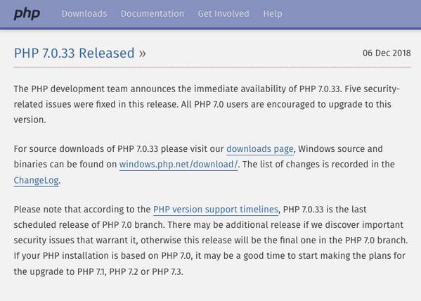 PHP: PHP 7.0.33 Released