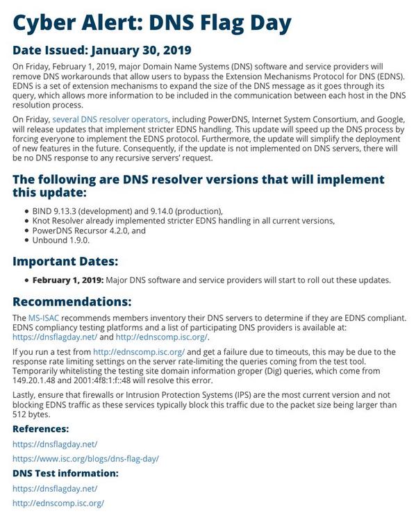 Cyber Alert: DNS Flag Day｜CIS、Center for Internet Security