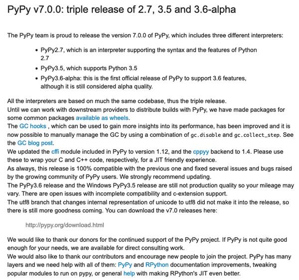 PyPy Status Blog: PyPy v7.0.0: triple release of 2.7、3.5 and 3.6-alpha