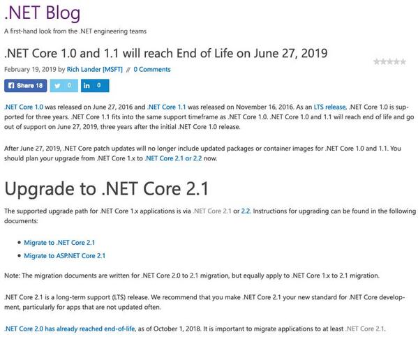 .NET Core 1.0 and 1.1 will reach End of Life on June 27、2019｜.NET Blog