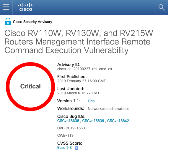 Cisco RV110W、RV130W、and RV215W Routers Management Interface Remote Command Execution Vulnerability