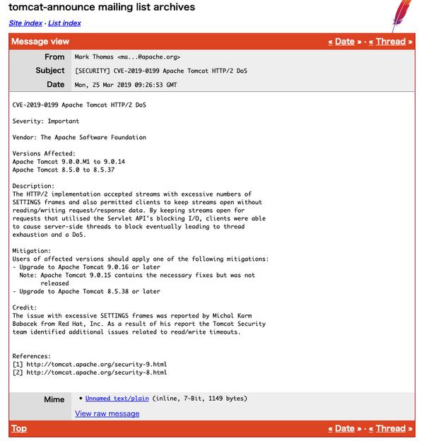 [SECURITY] CVE-2019-0199 Apache Tomcat HTTP/2 DoS