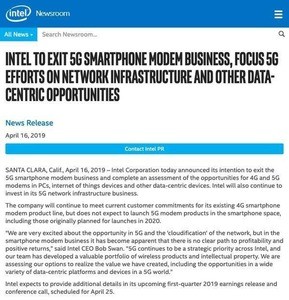 Intel、5Gスマーフォン向けモデム事業から撤退