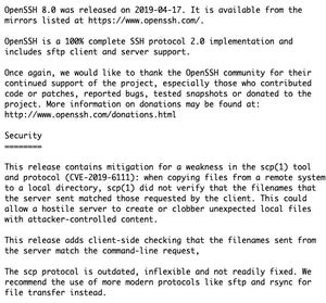 OpenSSH 8.0登場、scpよりsftpやrsyncプロトコルの利用を