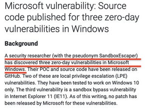 Windowsに3つのゼロデイ脆弱性