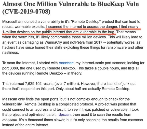 Almost One Million Vulnerable to BlueKeep Vuln (CVE-2019-0708)