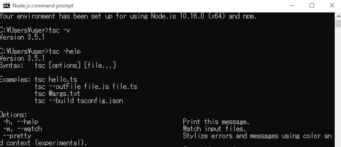 Node.js環境"npm install -g typescript"インストール後の最新バージョン確認