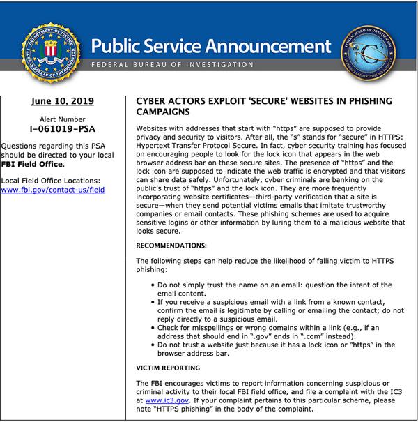 CYBER ACTORS EXPLOIT 'SECURE' WEBSITES IN PHISHING CAMPAIGNS - FBI