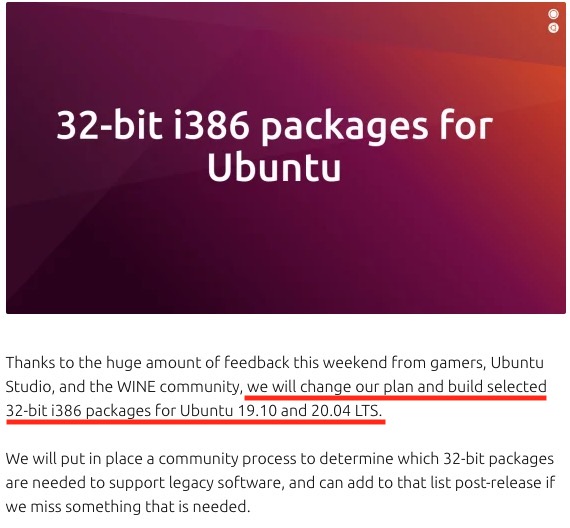 Statement on 32-bit i386 packages for Ubuntu 19.10 and 20.04 LTS｜Ubuntu blog