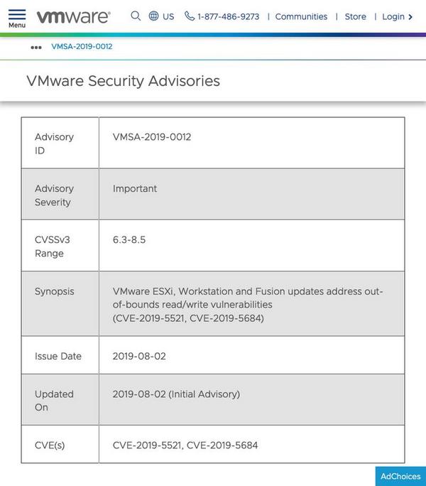 VMware Security Advisories - VMSA-2019-0012