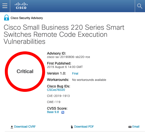 Cisco Small Business 220 Series Smart Switches Remote Code Execution Vulnerabilities