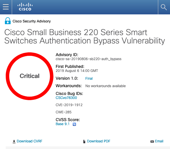 Cisco Small Business 220 Series Smart Switches Authentication Bypass Vulnerability